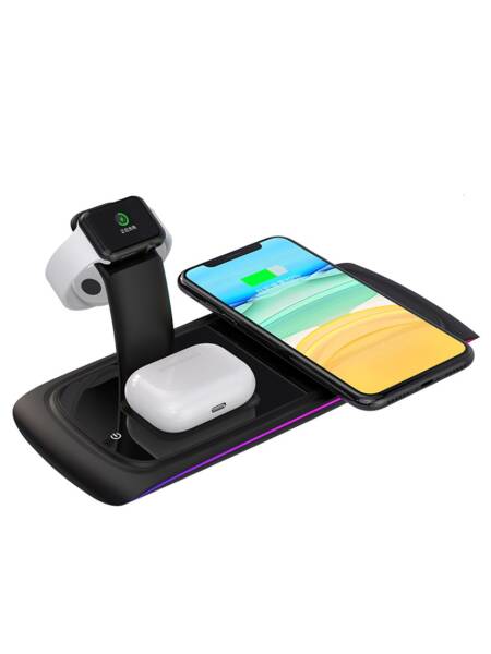INCARCATOR NEGRU WIRELESS 3 IN 1 PRIN INDUCTIE PENTRU TELEFOANE MOBILE,CASTI SI CEASURI APPLE 15W